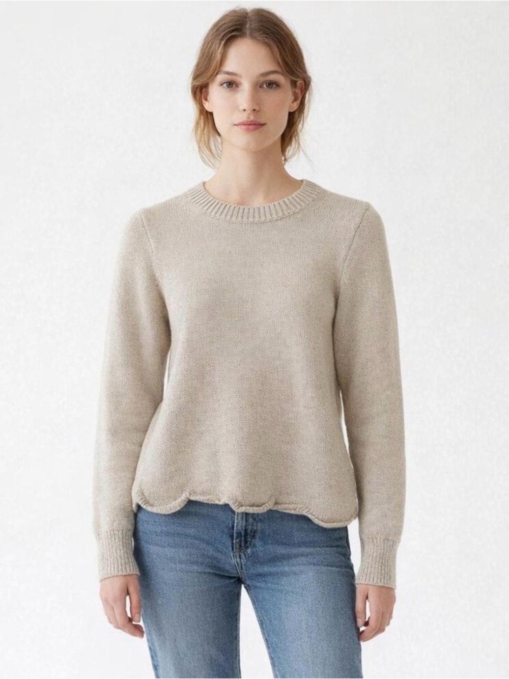 J. Crew Scalloped Hem Crewneck Sweater in Light Taupe
